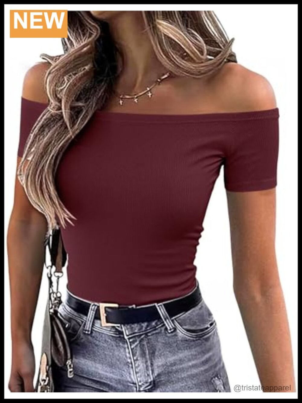 Off Shoulder Ribbed Knit Short Sleeve Fitted Going Out Top